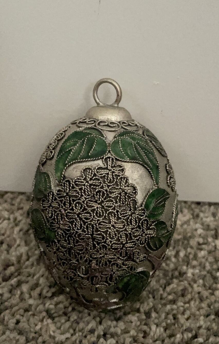 Vintage Cloisonne Textured Enameled Egg Floral Purple Green Christmas Ornament